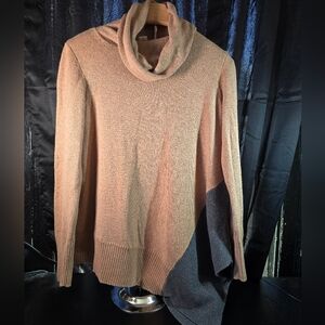 Stylus Womens Cowl Neck Colorblock Asymmetrical Hem Sweater Tan Gray Medium